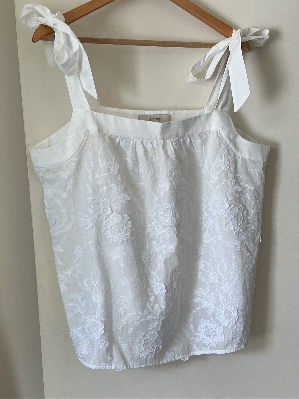 LOFT White Embroidered Tie-Shoulder Tank